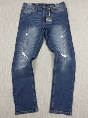 Indigo Beast Slim Straight Distressed Jeans Men’s 36x32 Stretch Dark Wash NWT